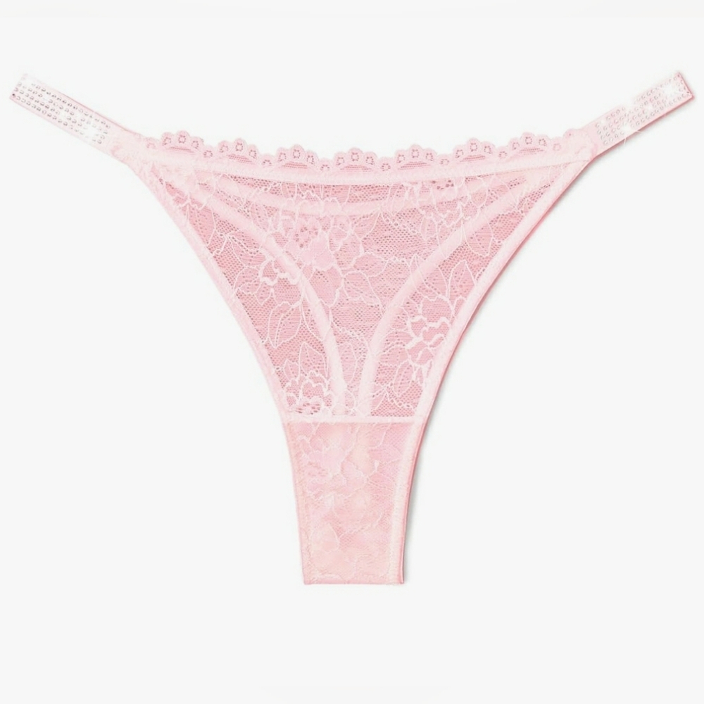 AvidLove Pink Lace Thong Rhinestone waistband Shine Shimmer Size Large NWOT